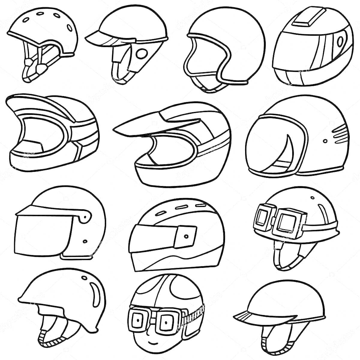 Рисунок с различными типами мотошлемов