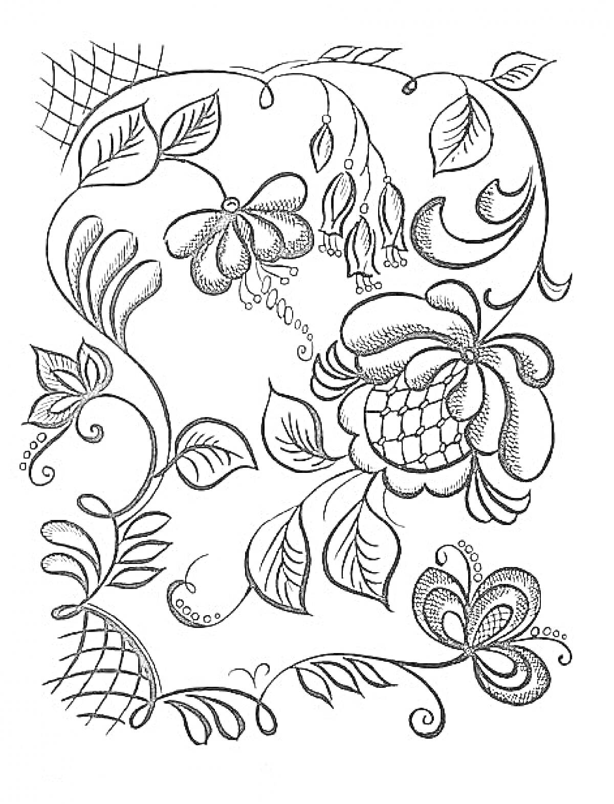 Раскраска Растительный орнамент Хохломы с цветами, листьями и завитками