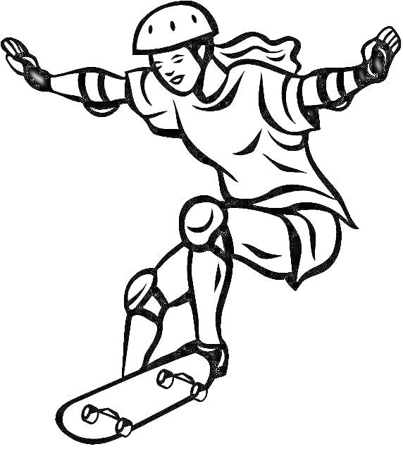 Скейтбордист в защите во время трюка (шлем, налокотники, наколенники, перчатки)