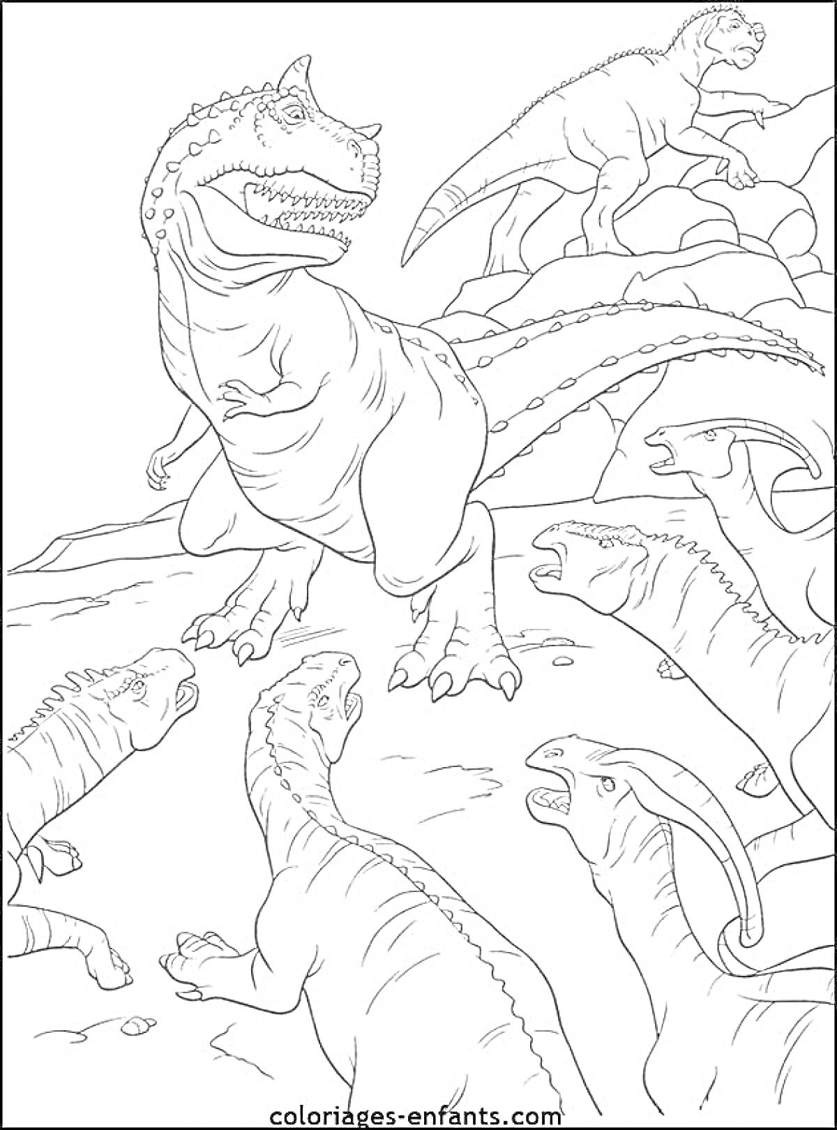 На раскраске изображено: Карнотавр, Динозавр, Скалы, Пастбище, Травоядные