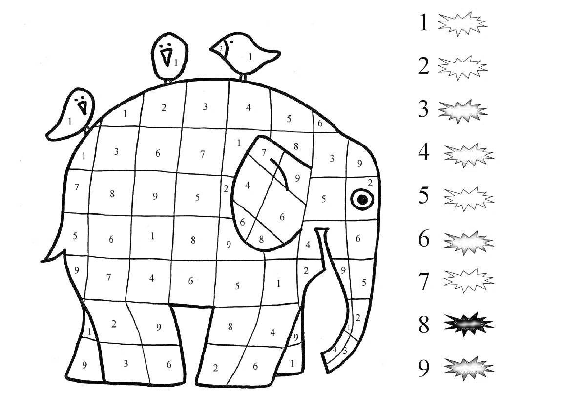 Раскраска Слон с птичками по номерам