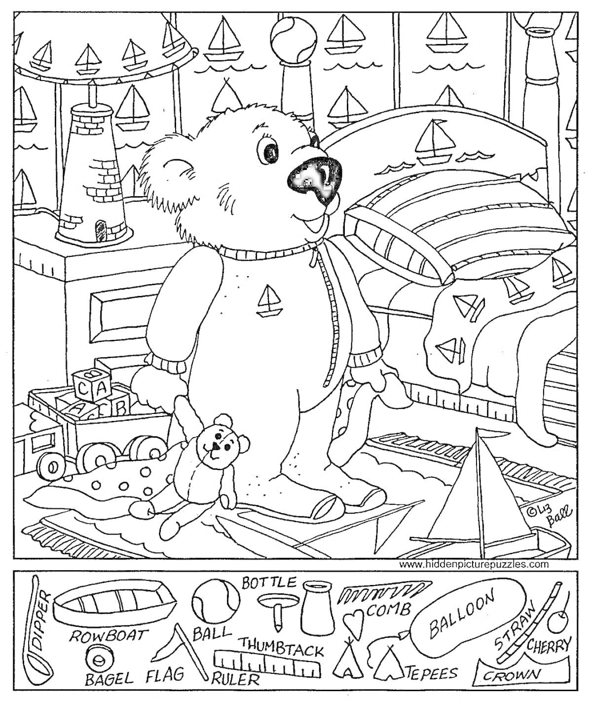 Раскраска Медвежонок в комнате с игрушками и лодками (диван, держит игрушку-медвежонка, машинка, кубики, окно с парусными лодками, настольная лампа, постель с настеленным одеялом, ковер, парусник внизу, игрушки на полу)
