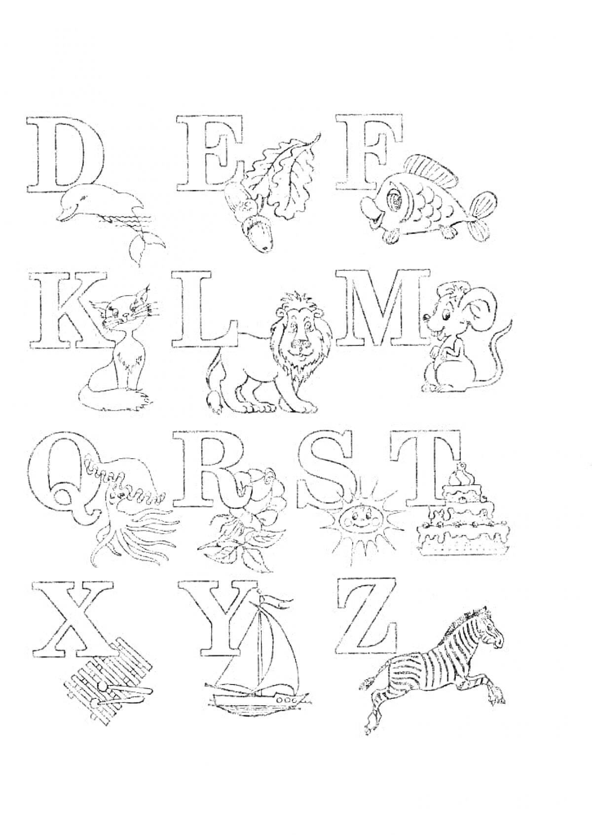 На раскраске изображено: Алфавит, Слон, Рыба, Кенгуру, Лев, Мышь, Солнце, Торт, Ксилофон, Яхта, Буквы, Животные