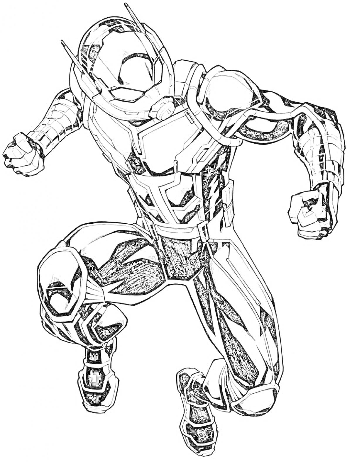 Раскраска Герой Марвел в костюме с шлемом, присевший на одно колено с поднятым кулаком