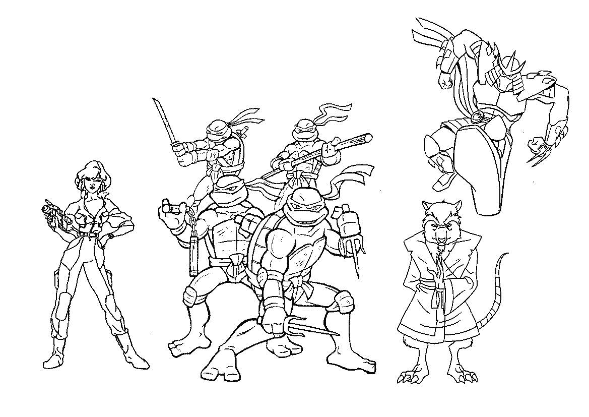 Раскраска Сплинтер, группа черепашек-ниндзя с оружием, девушка с планшетом, антропоморфный робот.
