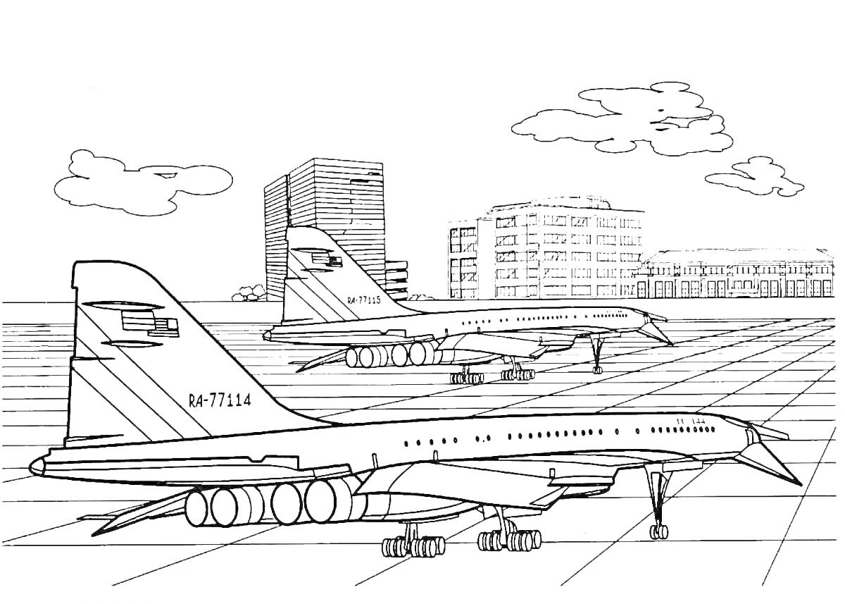 Раскраска Аэропорт с двумя самолетами на фоне зданий и облаков