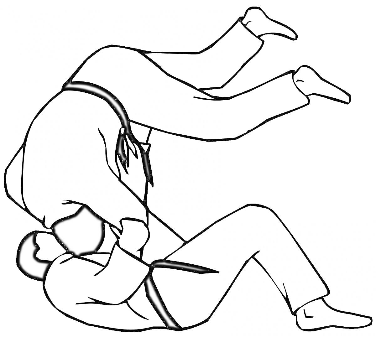 Раскраска Два человека в кимоно демонстрируют приём борьбы Гуджицу