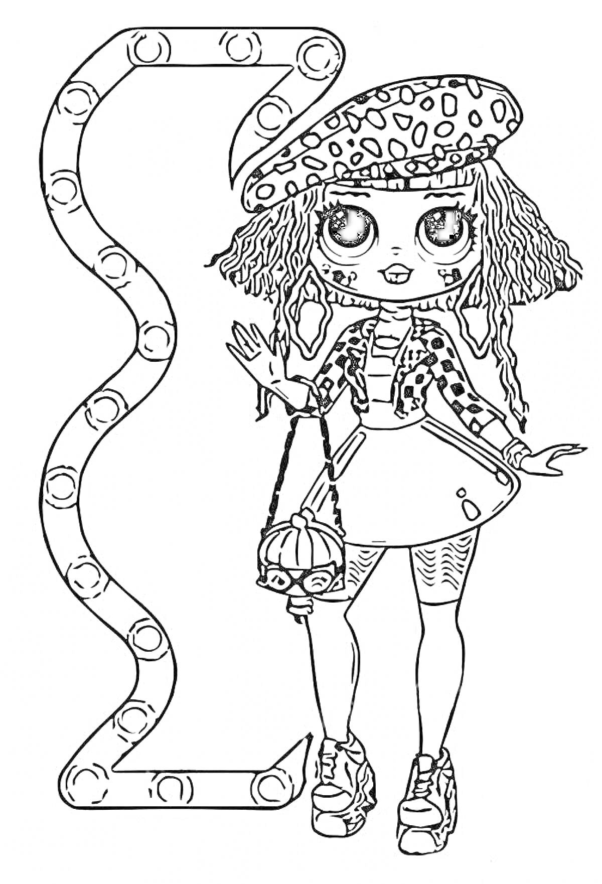 Раскраска Кукла ЛОЛ ОМГ с вьющимися волосами в шляпе, берет в горошек, на фоне изогнутой рамы с круглыми лампочками, сумочка через плечо, юбка с карманом, кроссовки на платформе