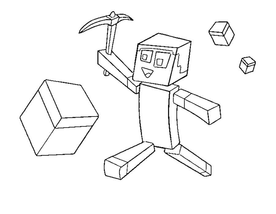 На раскраске изображено: Майнкрафт, Человек, Кирка, Кубы, Блоки