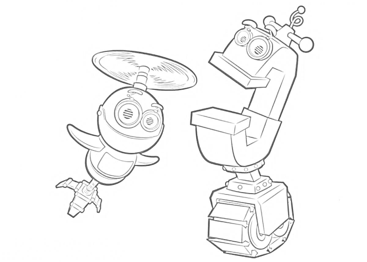 Раскраска Летающий робот с пропеллером и робот на колесах