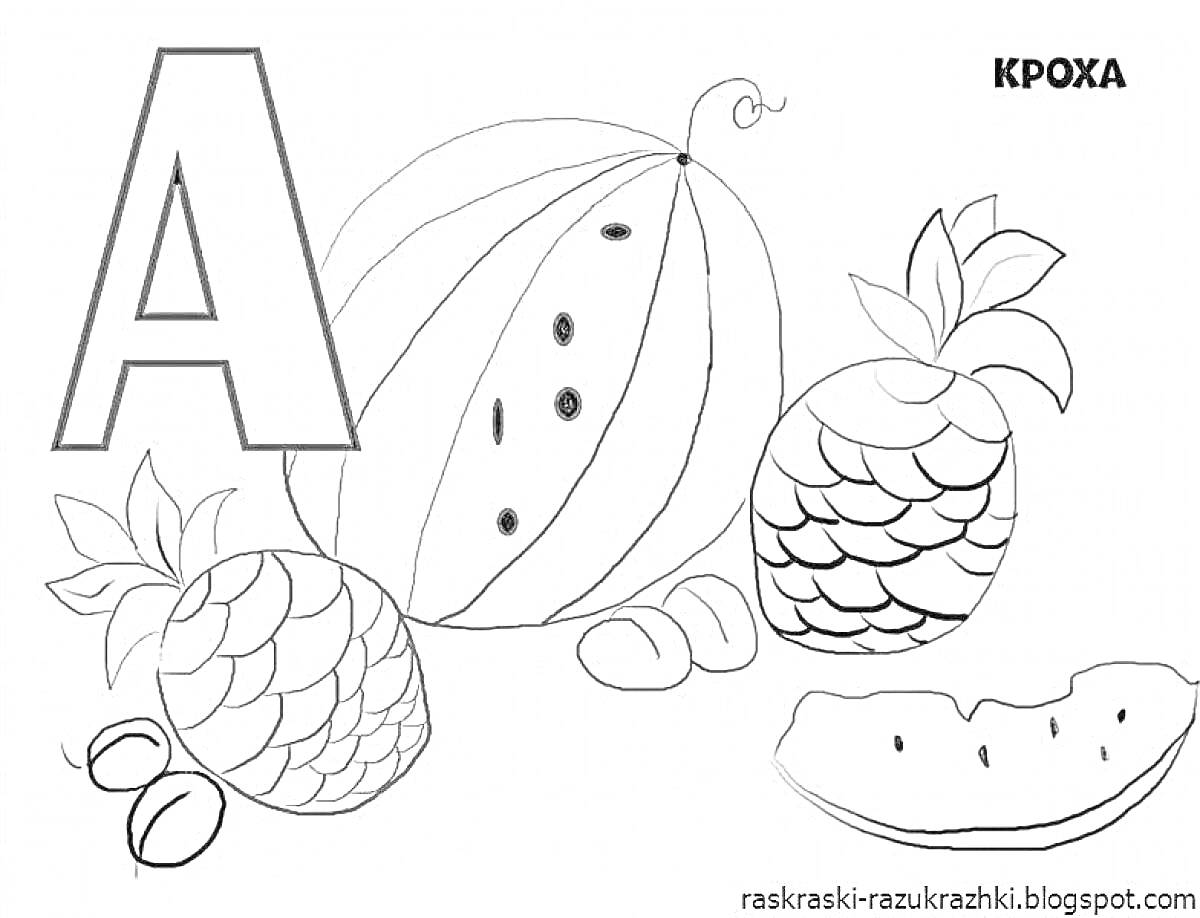 На раскраске изображено: Арбуз, Кокосы, Фрукты