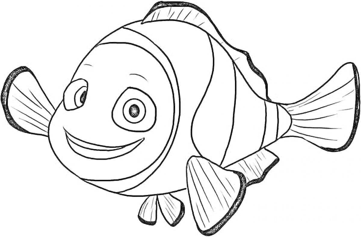 Раскраска Рыба-клоун с полосами и большими плавниками
