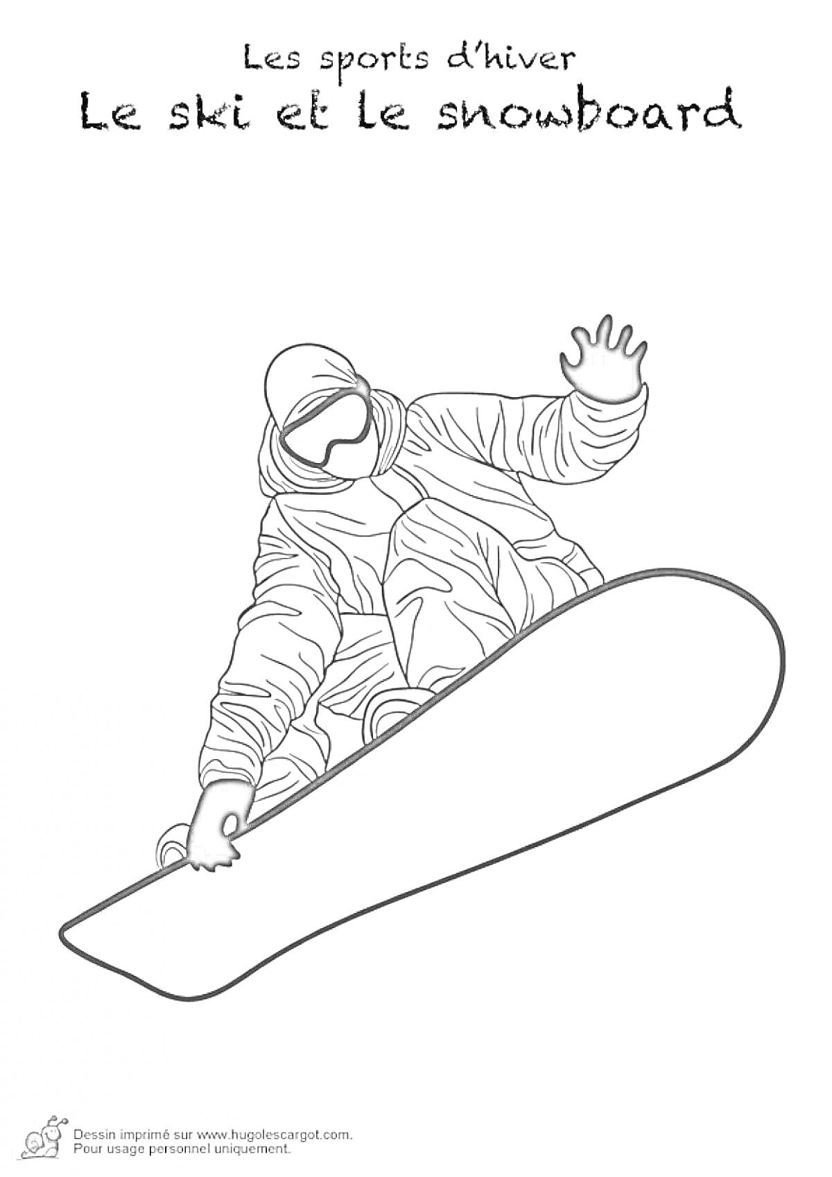 На раскраске изображено: Сноубордист, Зимние виды спорта, Снег, Спорт, Активность, Зимний спорт, Сноуборд, Фигурка человека, Зимняя одежда