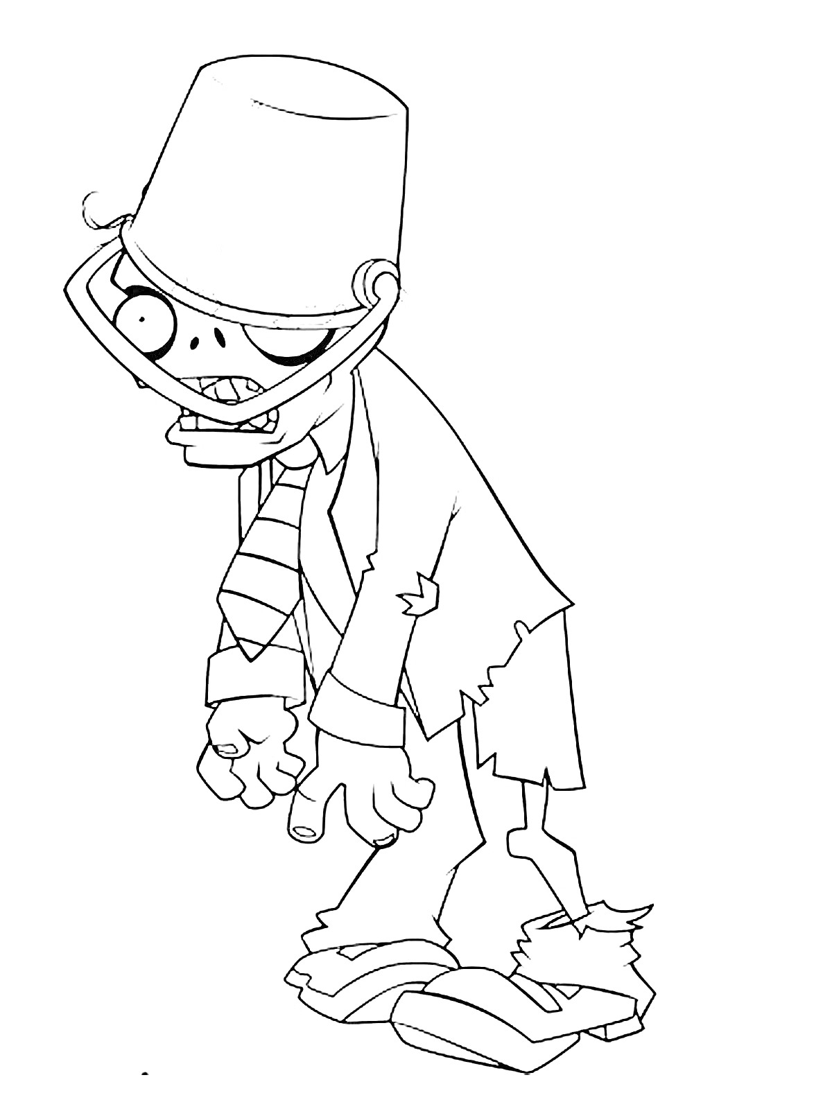 Раскраска Зомби с мусорным ведром на голове и в рваной одежде