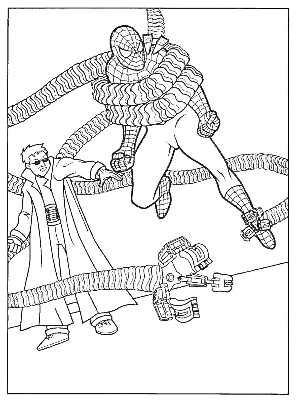 На раскраске изображено: Доктор осьминог, Человек-паук, Механические щупальца, Супергерои, Комиксы, Битва