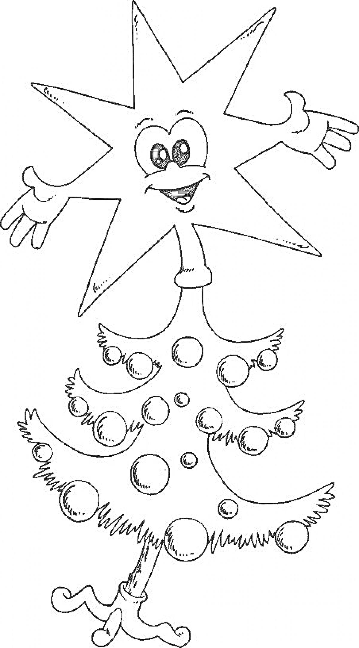 Раскраска Звезда с лицом на макушке новогодней елки с украшениями в виде шаров