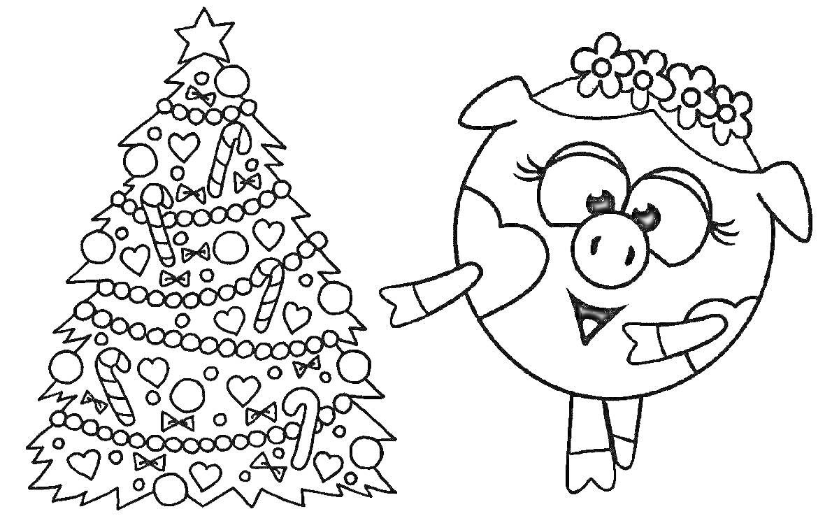 Раскраска Нюша рядом с наряженной новогодней ёлкой с шарами, сердечками, бантами и леденцами