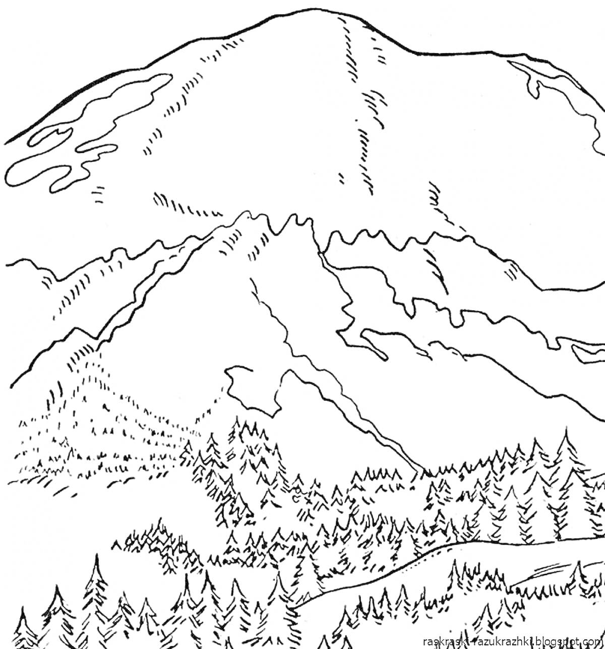 Раскраска Эльбрус с лесами у подножия