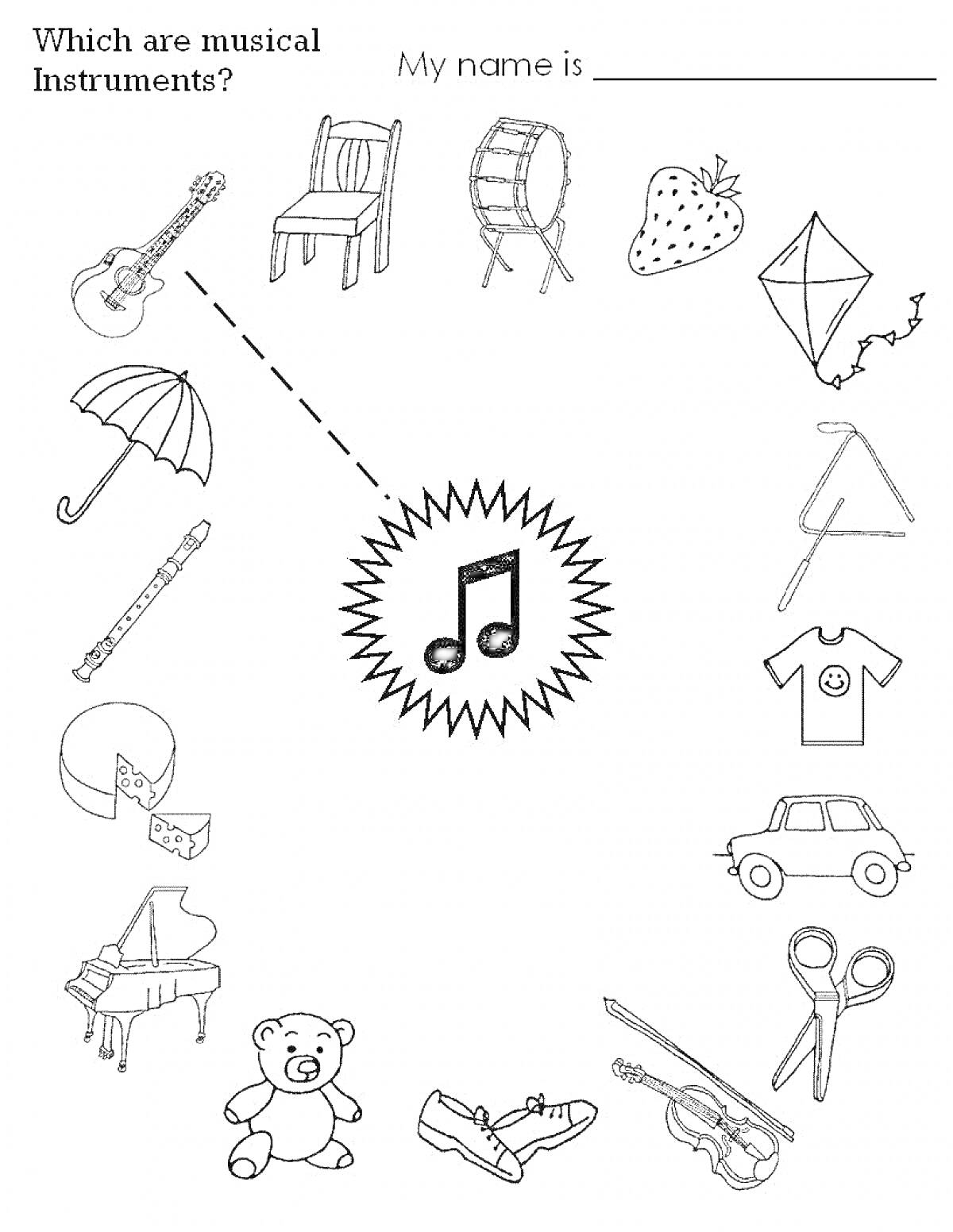 Раскраска Раскраска с музыкальными инструментами, среди которых гитара, труба в виде рожка, тарелки, барабан, треугольник, пианино и ноты.