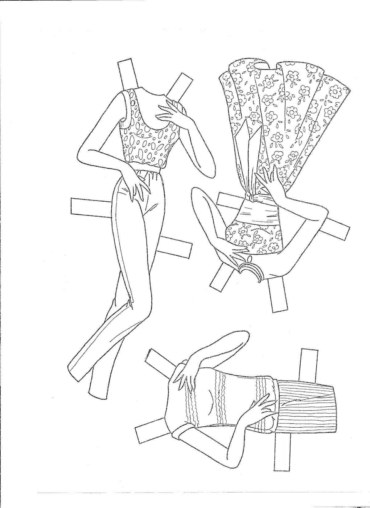 Раскраска Бумажная кукла с комплектом одежды: комбинезон с поясом, вечернее платье с узором, топ с юбкой