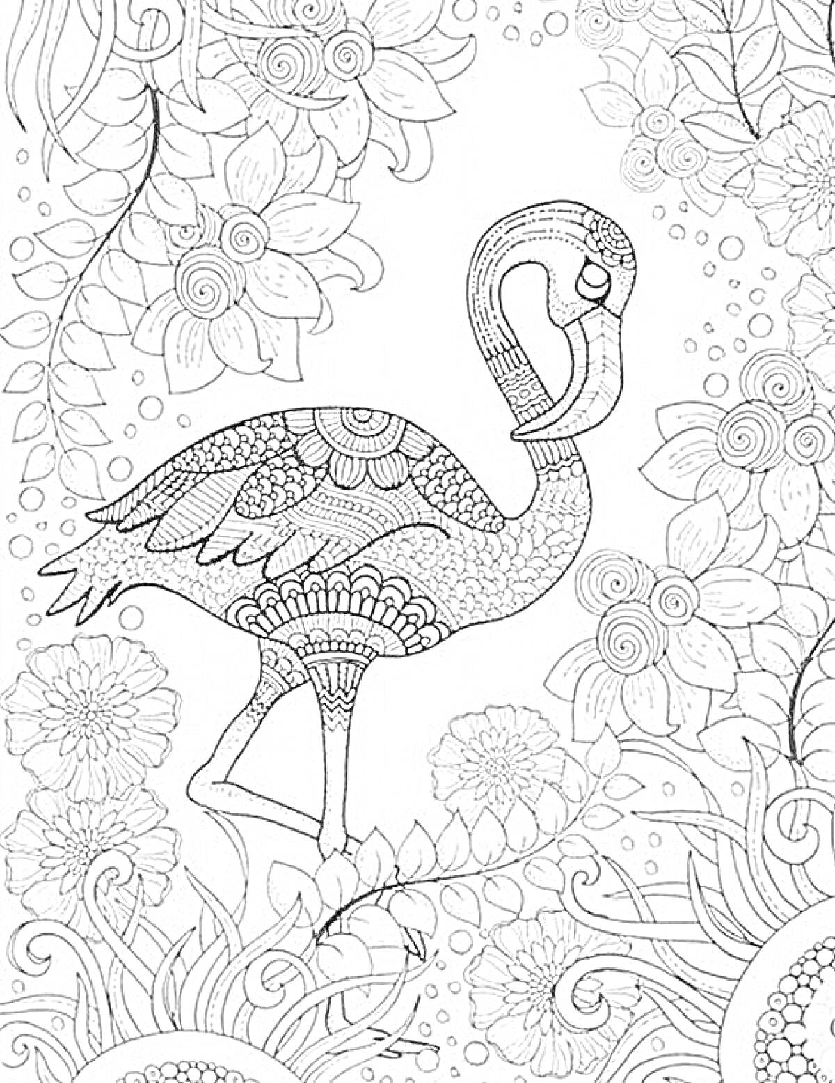 Антистресс раскраска с фламинго, цветами и декоративными элементами