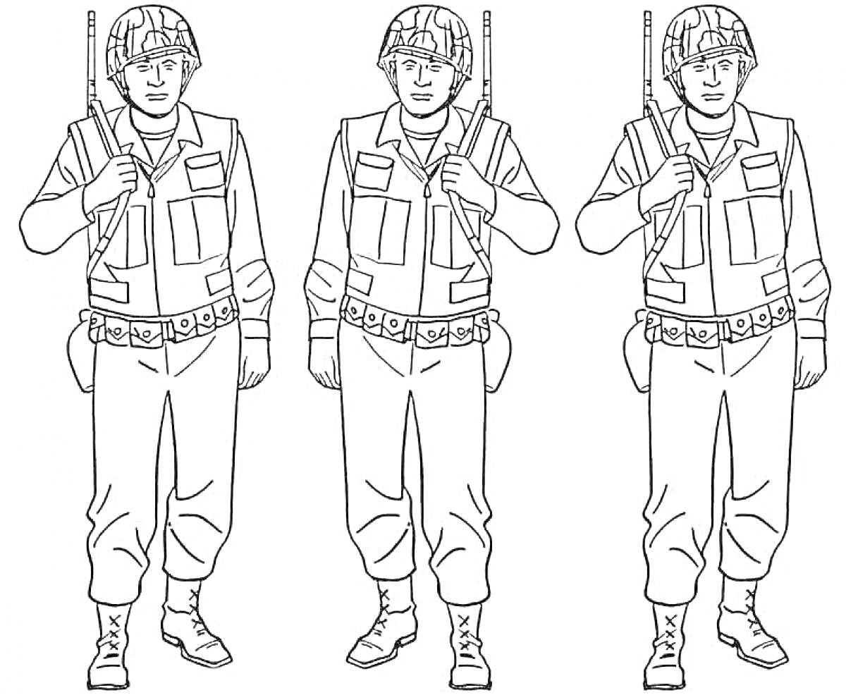 Раскраска Три солдата в военной форме, один за другим, держащие винтовки на плече