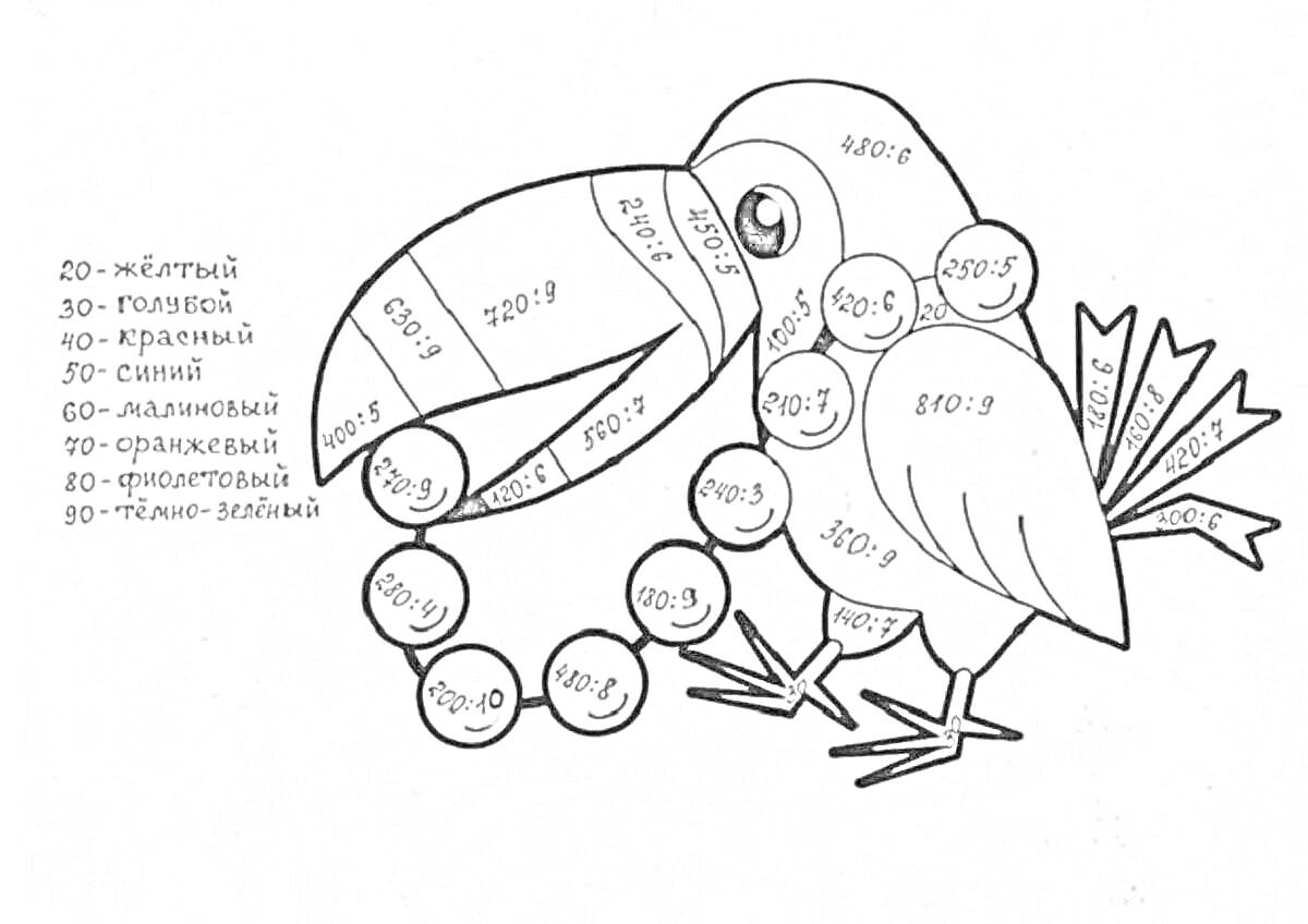 Раскраска с математическими заданиями: птица, числа и цвета, формулы, элементы птицы