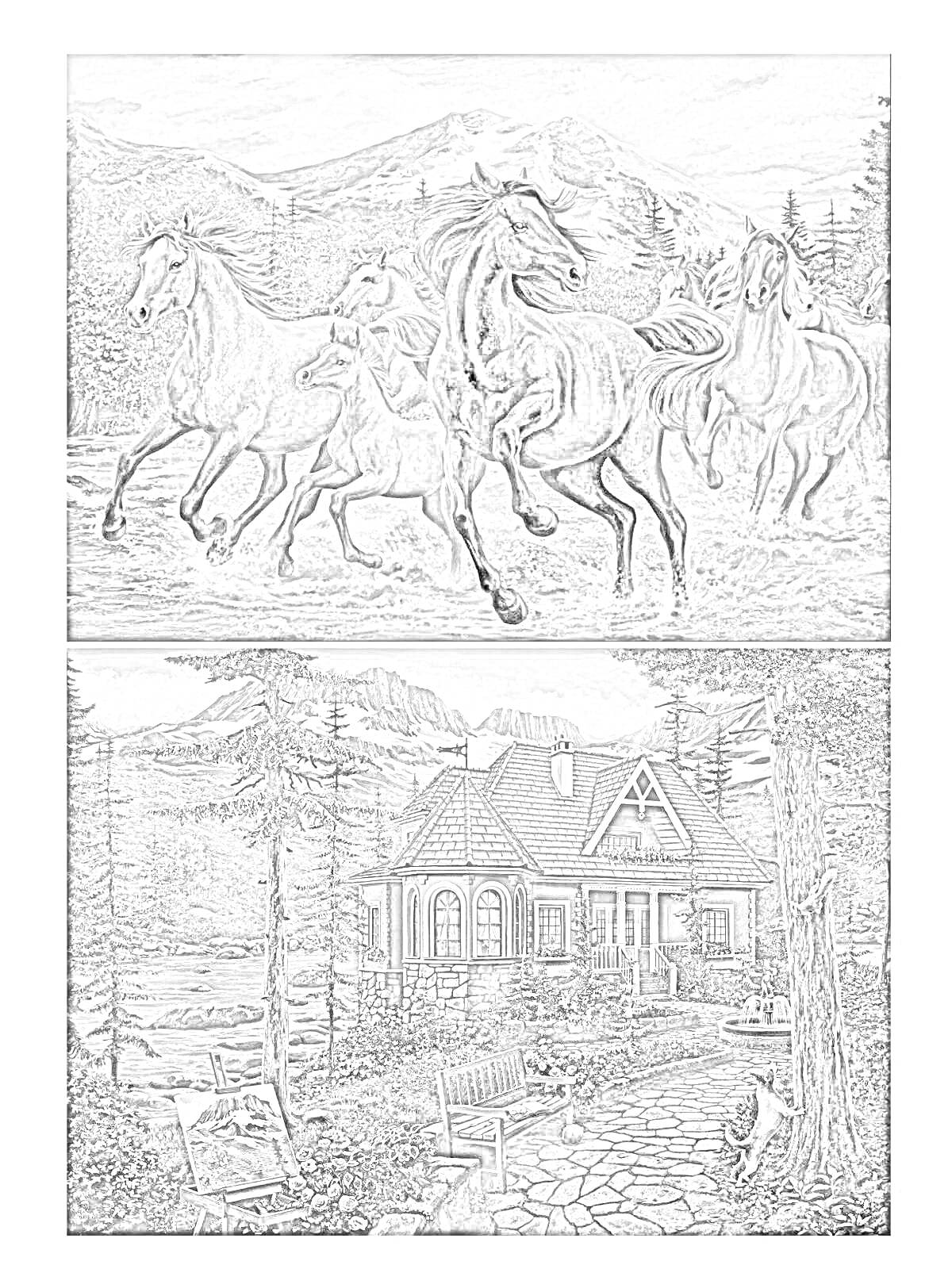 Раскраска Скачущие лошади у горного домика