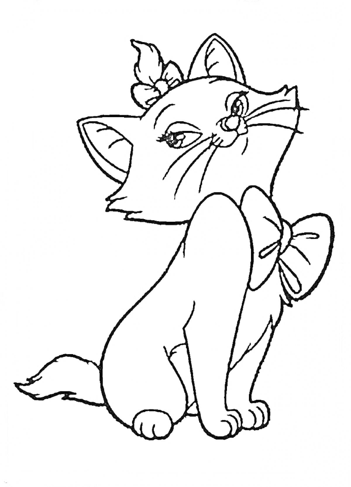 Раскраска Кошка Мари с бантом на шее и хвостом, украшенным бантом