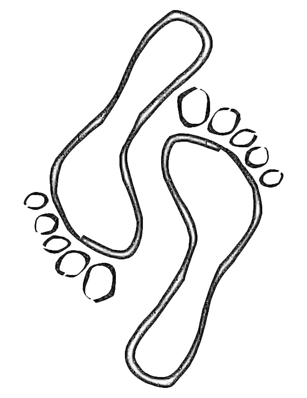 Раскраска Следы двух ступней с четырьмя пальцами на каждой ноге