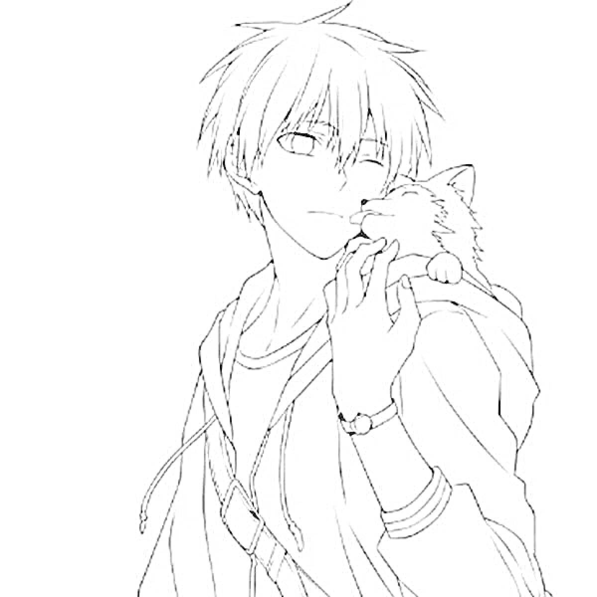 Раскраска Аниме парень с кошкой на плече