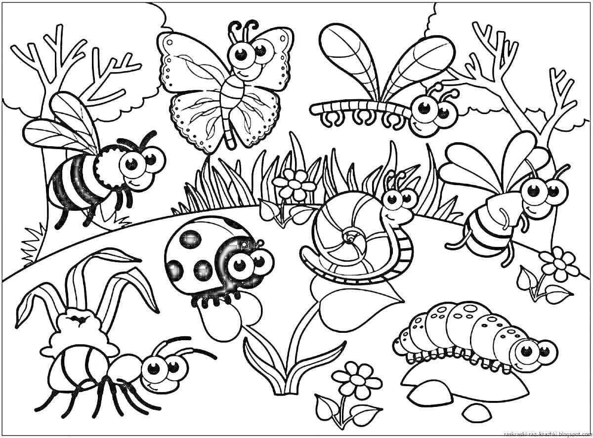 Насекомые и растения: ручейок, деревья, бабочка, стрекоза, муха, улитка, оса, жук божья коровка, паук на паутине, гусеница, цветы.