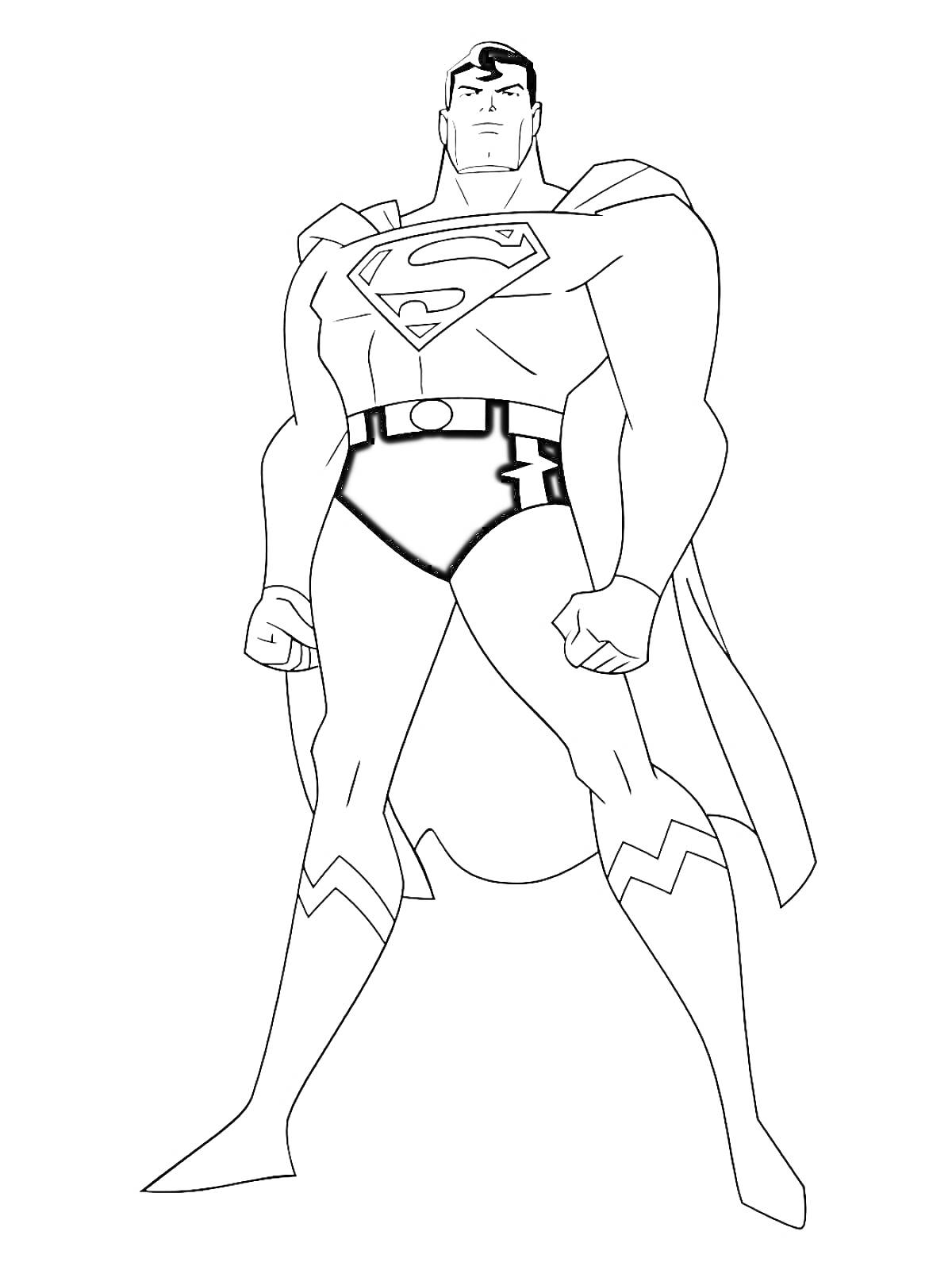 Раскраска Супермен - Лига Справедливости. Человек в супергеройском костюме с буквой 
