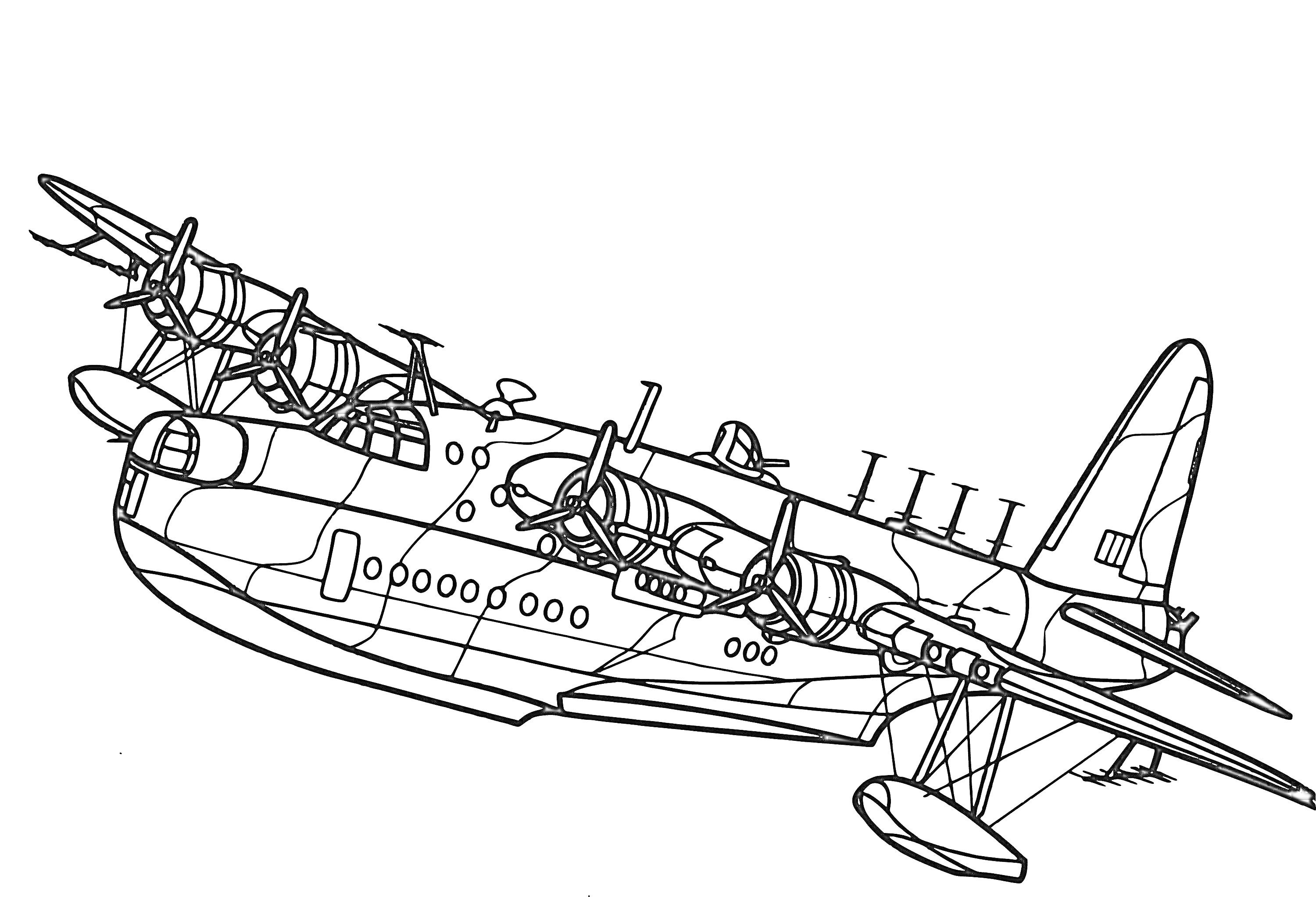 Раскраска Бомбардировщик с четырьмя пропеллерными двигателями в полёте