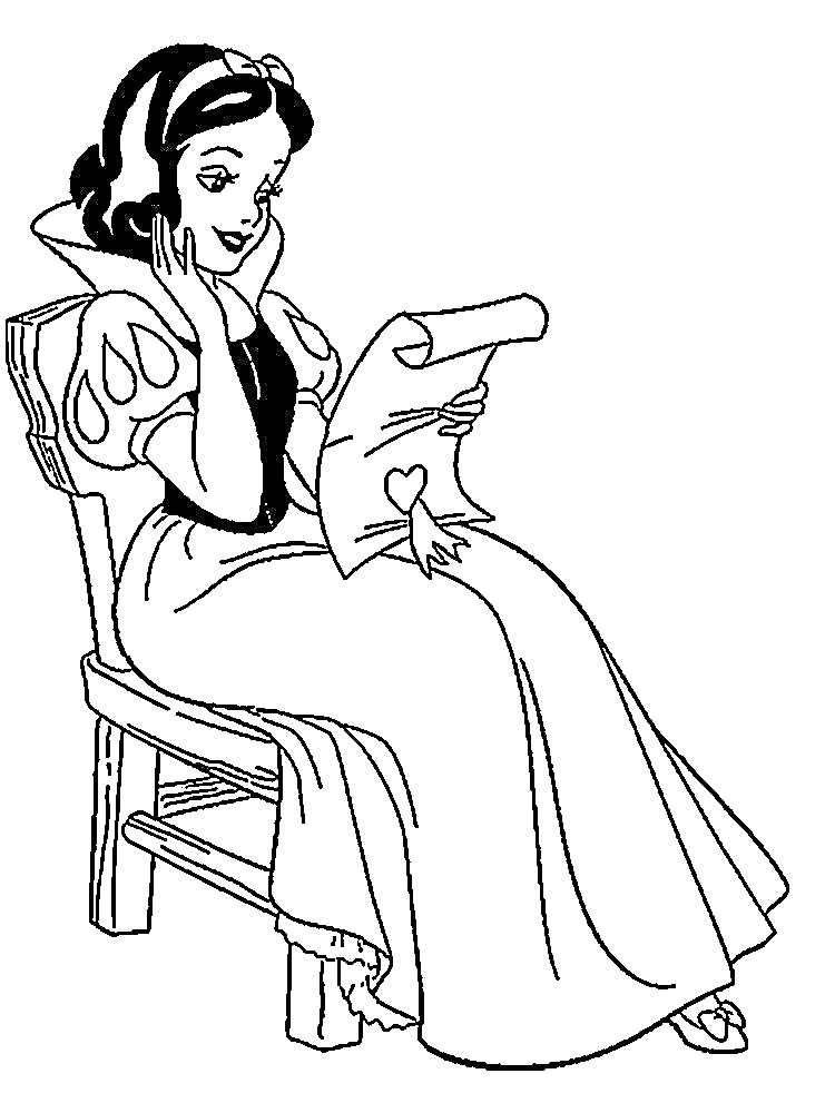 Раскраска Белоснежка сидит на стуле и читает письмо с сердечком
