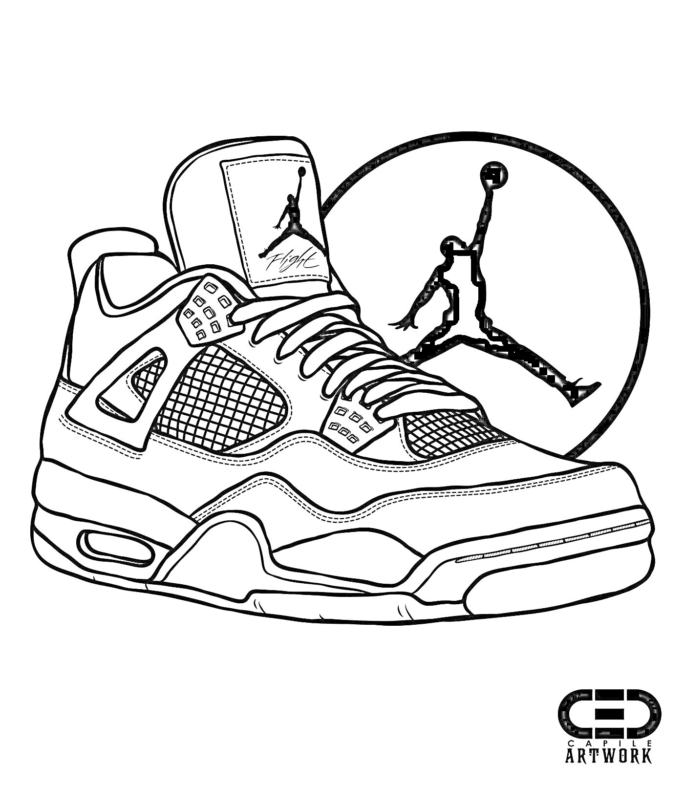Раскраска Кроссовок Air Jordan с логотипом Jumpman на фоне
