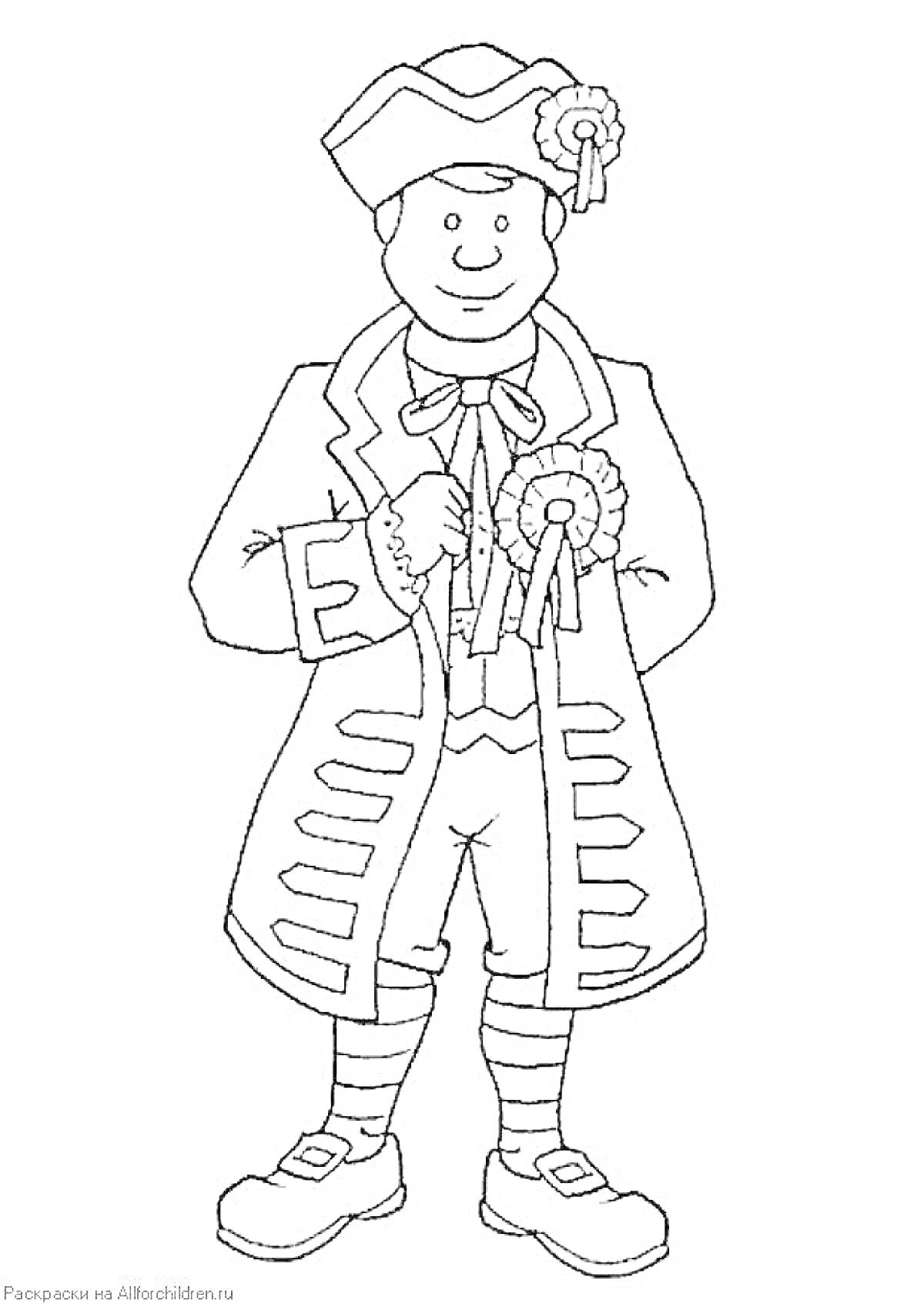 На раскраске изображено: Театральный костюм, XVIII век, Треуголка, Бант, Жилет, Шорты, Чулки, Исторический костюм