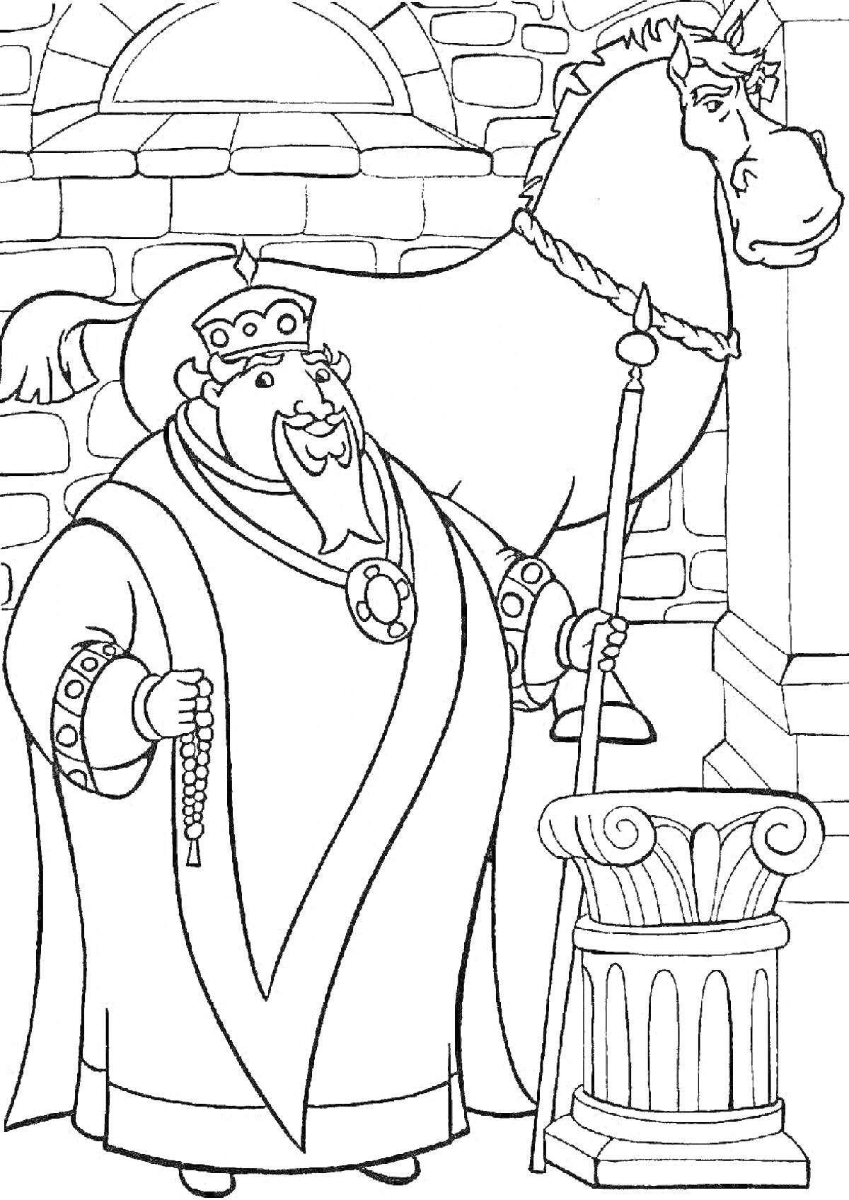 На раскраске изображено: Князь, Три богатыря, Лошадь, Каменная арка