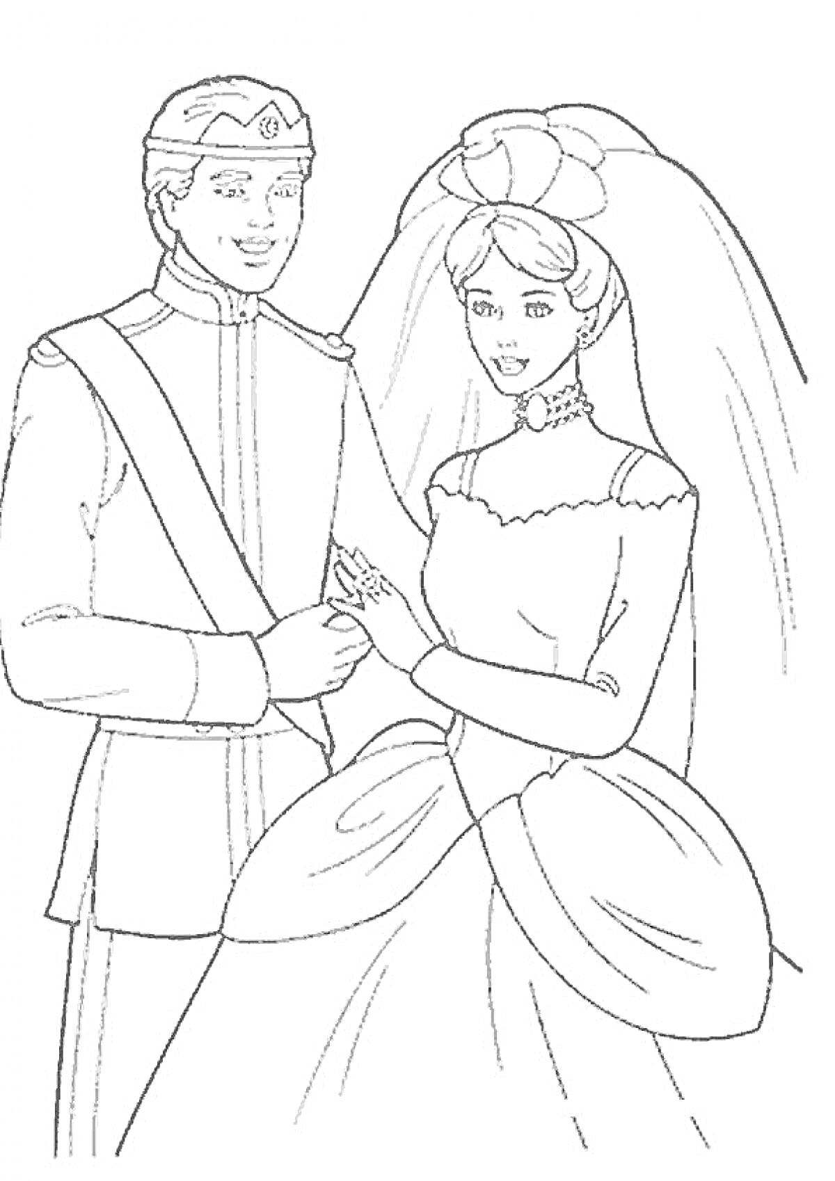 Раскраска Барби и Кен на свадьбе в свадебных нарядах