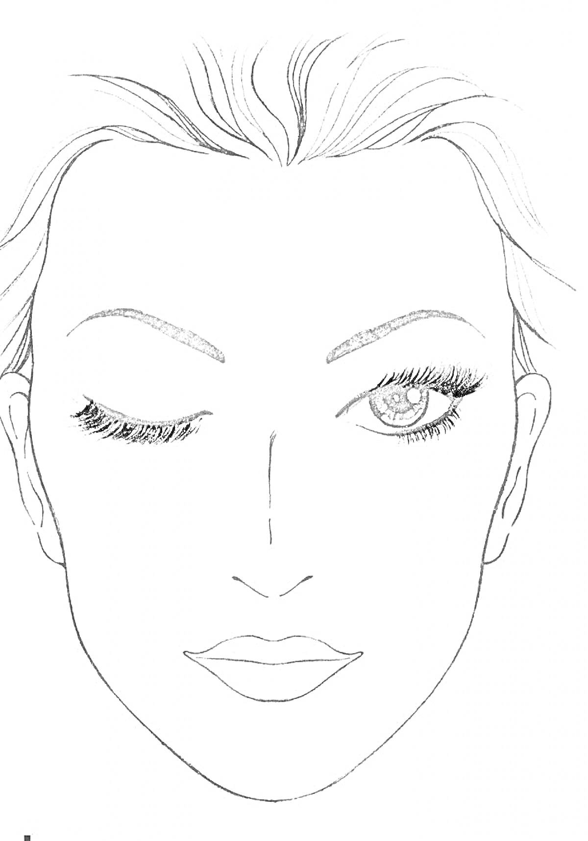 Раскраска Макияж на лице с одним закрытым глазом, макияж бровей, ресниц и губ