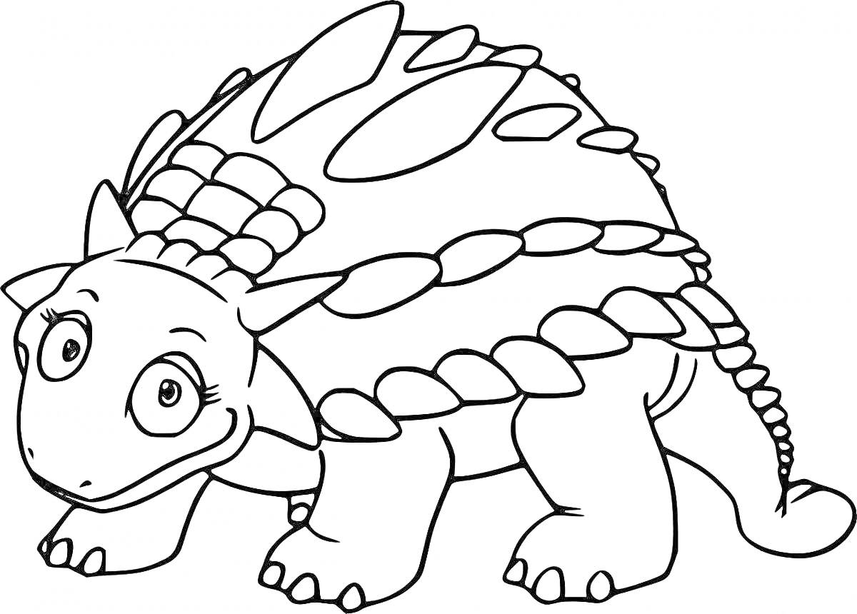 На раскраске изображено: Анкилозавр, Динозавр, Панцирь, Шипы, Большие глаза, Животные, Для детей, Контурные рисунки