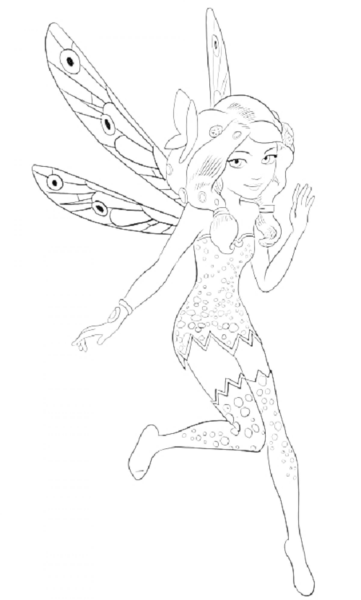 Раскраска Фея с крыльями в летящем платье с узорами, образ из 