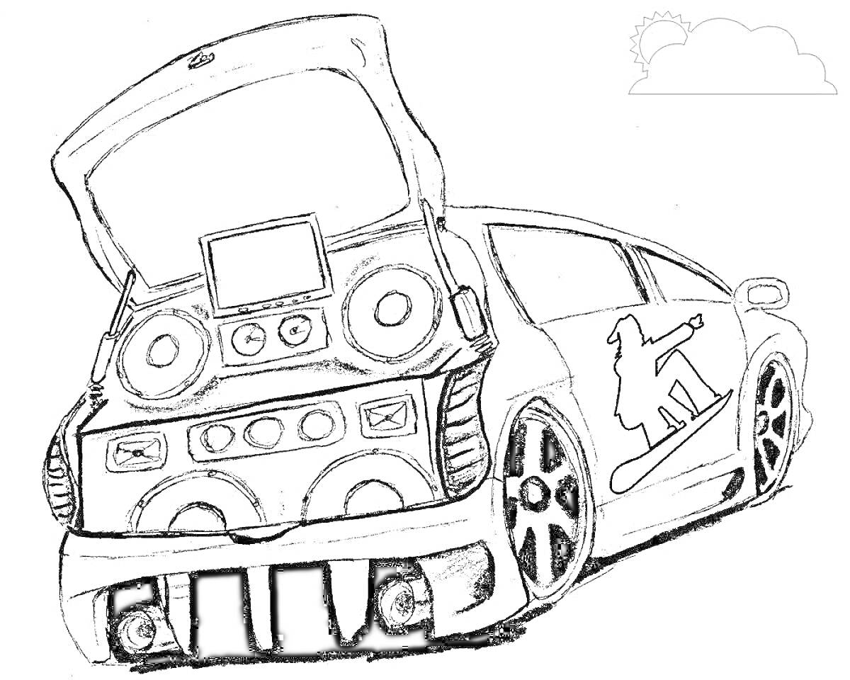 Раскраска Тюнингованная машина с открытым багажником, колонками, монитором и рисунком сноубордиста на боковой двери