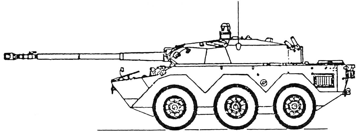 БТР-80 с длинной пушкой, три колеса, антенна и различные башенные элементы