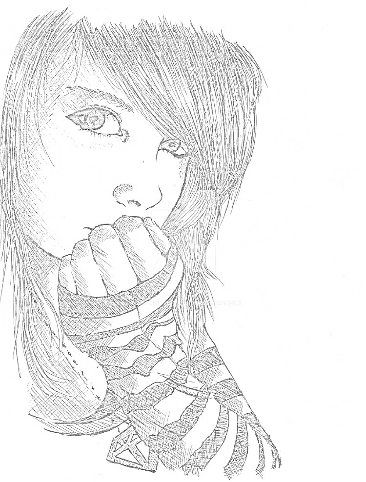 Раскраска Девушка в стиле эмо с длинной челкой, смотрящая вперед, с рукой у лица в полосатых перчатках без пальцев