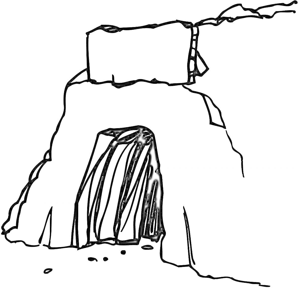 На раскраске изображено: Пещера, Скалы, Камни, Вход, Природа