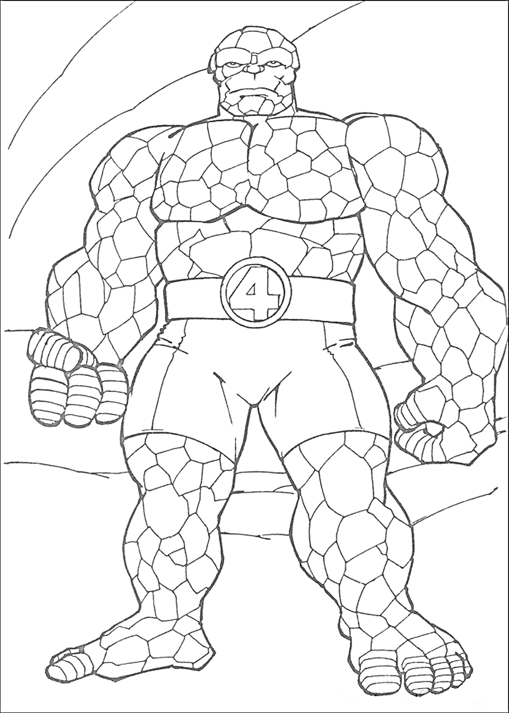 Раскраска Существо из Фантастической четверки с эмблемой 4, каменное тело, стоящий