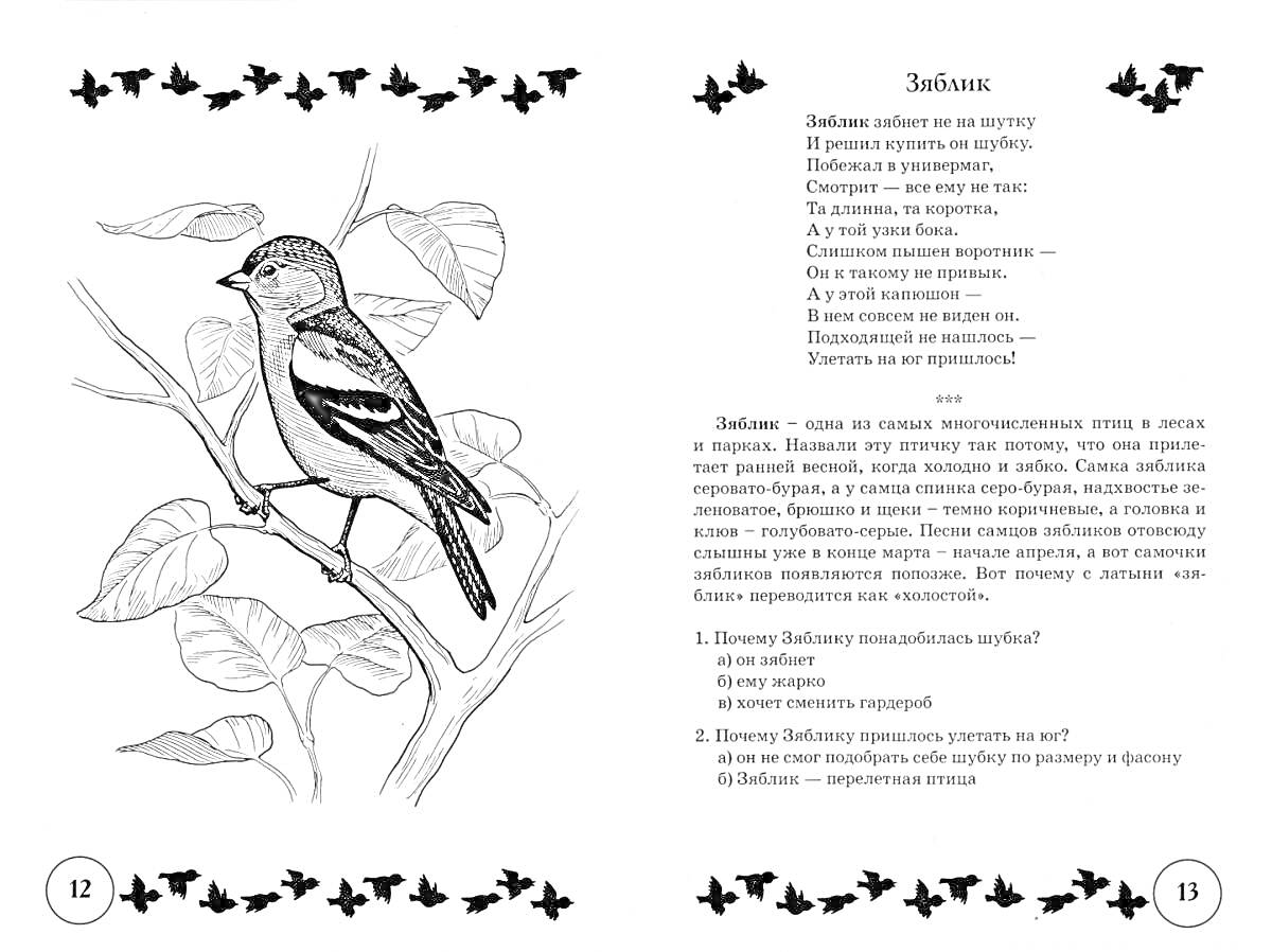 Раскраска Зяблик на ветке с листьями, стихотворение и вопросы