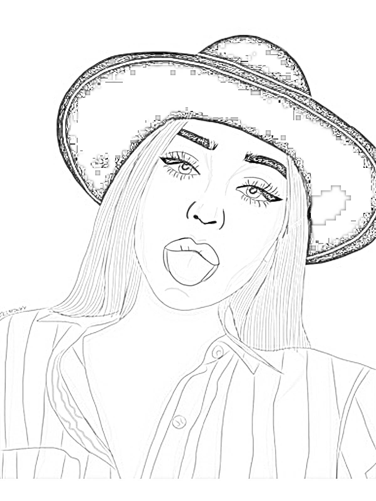 Раскраска девушки-блоггер с длинными волосами и шляпе в полосатой рубашке показывает язык
