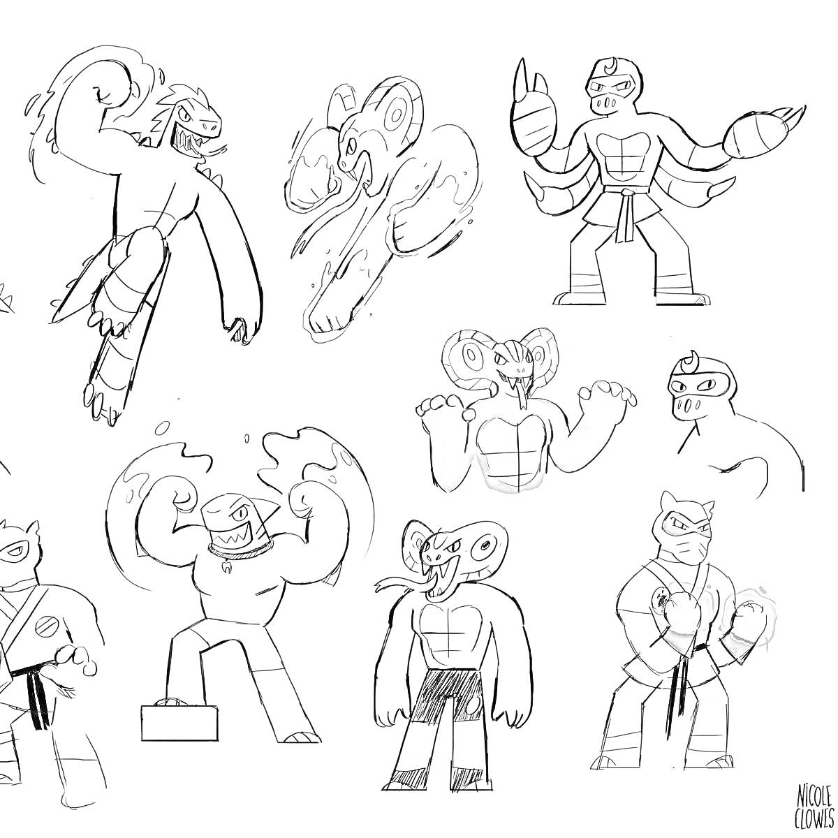 Раскраска Персонажи Гуджитсу - динамичный ниндзя, прыгающий персонаж, мощный силач, змеевидный герой, бойцы с доспехами, сильный атлет, гуманоид-птица, ниндзя с голубыми перчатками